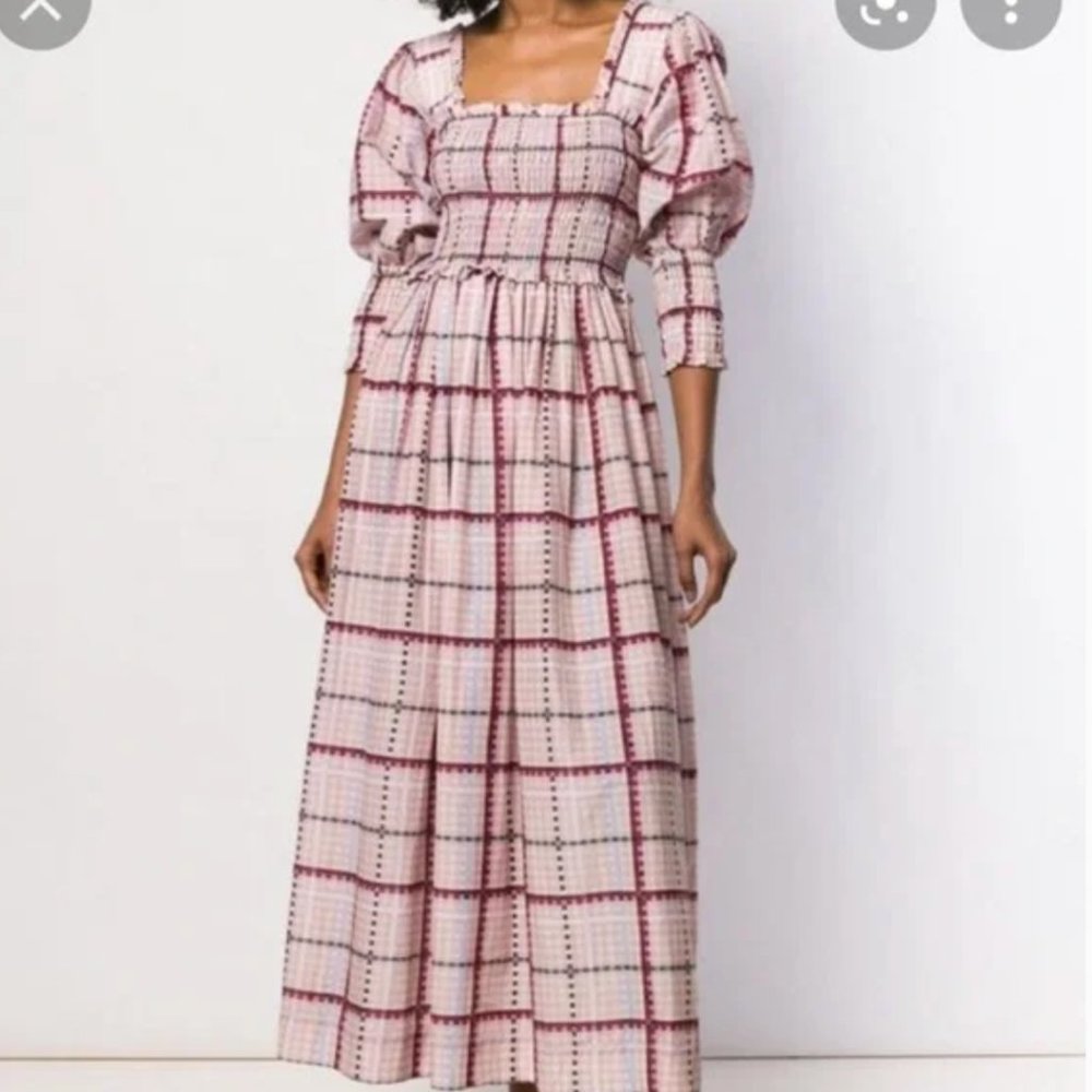 GANNI // Women's Pink Check Ruched Maxi Dress